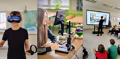 Okulary VR, mikroskop i monitor