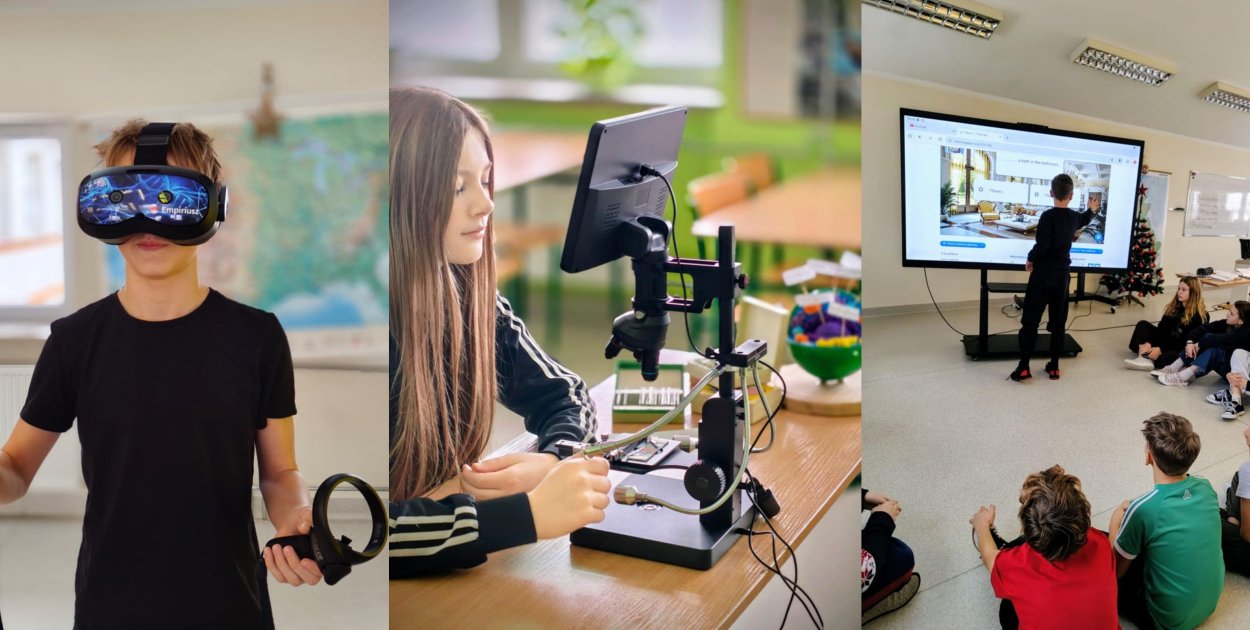 Okulary VR, mikroskop i monitor